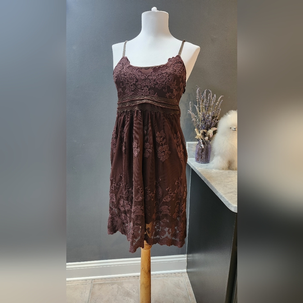 Blue Asphalt Elegant Brown Lace Dress Juniors Size S